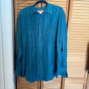 Vintage 100% Silk Sensazione Mens XL Teal Button-Up Shirt lightweight dress
